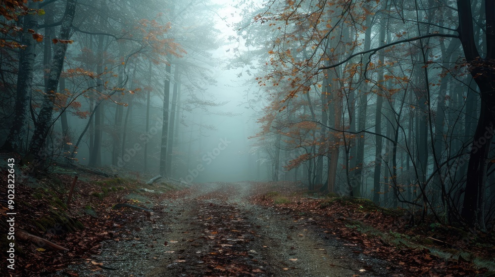 Fototapeta premium A dense fog covering a forest trail, creating a mysterious and eerie atmosphere.