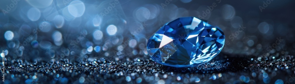 A blue diamond is on a black surface. The diamond is surrounded by a lot of small stones A blue diamond is on a black surface. The diamond is surrounded by a lot of small stones