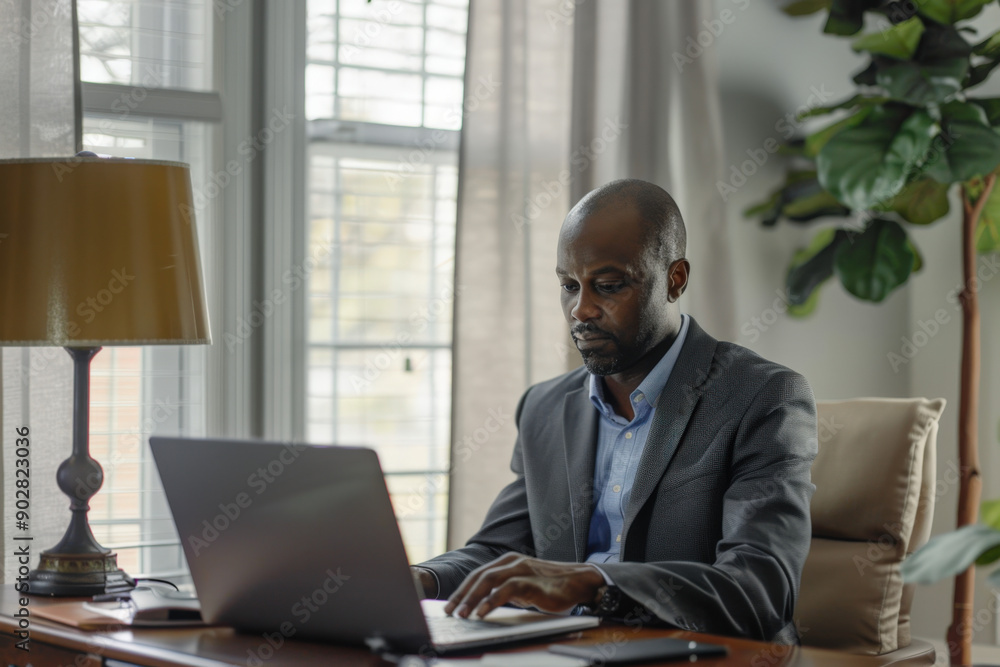 Businessman is participating in a remote job interview, engaging in a video conference from his home office Businessman is participating in a remote job interview, engaging in a video conference from his home office