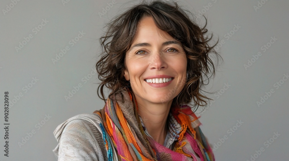 Radiant Confidence: A middle-aged woman with a vibrant scarf and warm smile exudes joy and self-assurance against a neutral background.