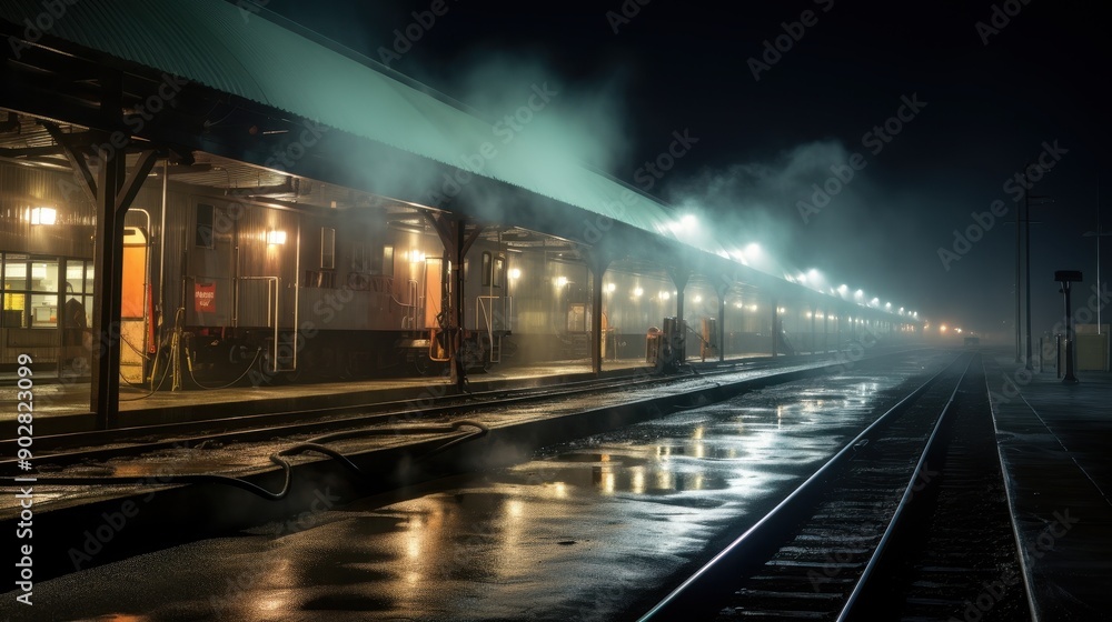 Fototapeta premium A train is on the tracks in the rain. The train is lit up, and the lights are on. The scene is dark and moody, with the rain adding to the atmosphere