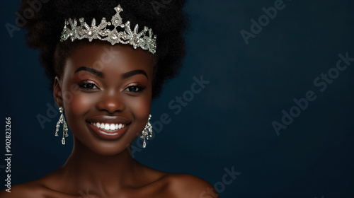 Beautiful smiling black model wearing tiara, earrings, necklace isolated on dark navy background with copy space.