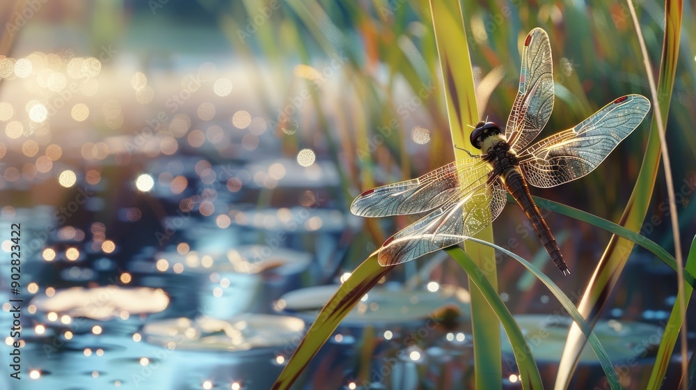 A dragonfly resting on a reed near a calm pond, wings shimmering in the sunlight. A dragonfly resting on a reed near a calm pond, wings shimmering in the sunlight.