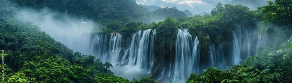 Naklejka premium Waterfalls flowing through lush greenery, viewed from a high angle, mist enveloping the scene, tropical paradise, vibrant colors, digital art, detailed texture
