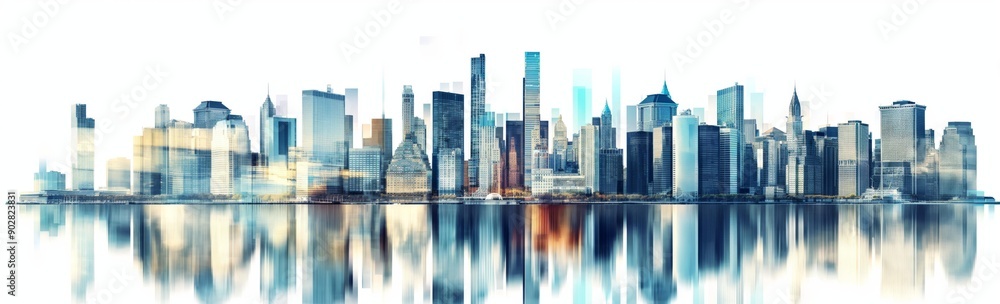 A modern city skyline with stylized skyscrapers and their reflections on a calm, glass-like surface. A modern city skyline with stylized skyscrapers and their reflections on a calm, glass-like surface.