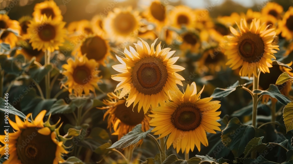 Fototapeta premium A field of sunflowers in full bloom, their heads facing the bright sun.