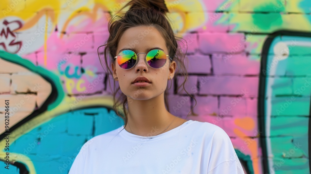 Fototapeta premium Urban Edge: Grunge Street Fashion Against Vibrant Graffiti Wall