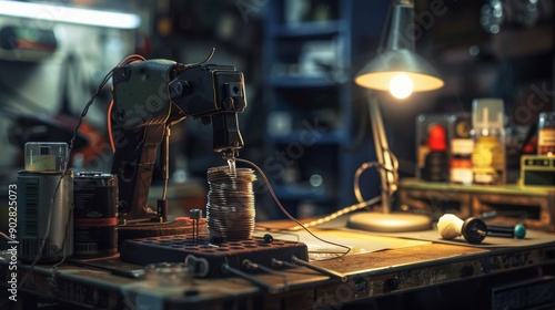 A detailed view of a soldering station surrounded by various tools and materials in a workshop illuminated by a warm lamp © Darya