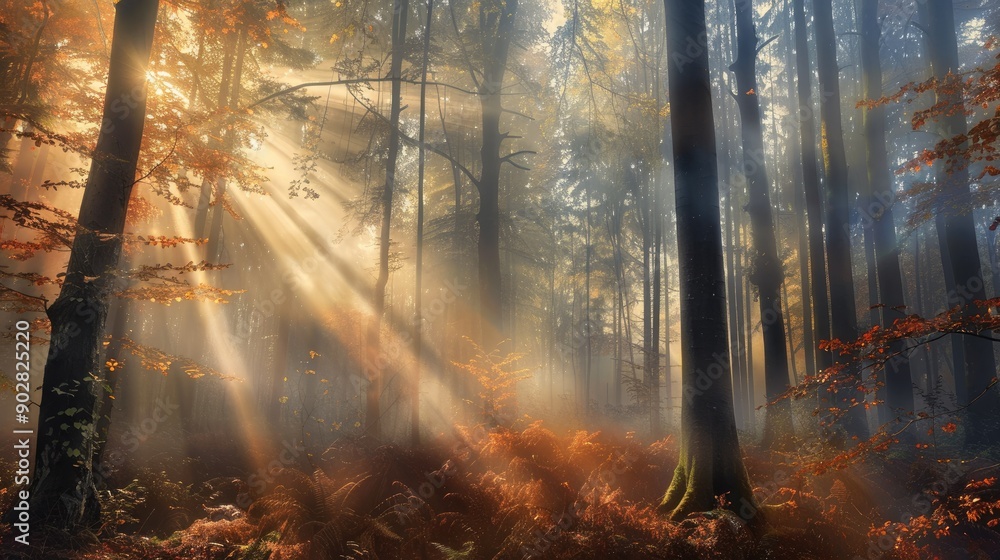Fototapeta premium A foggy forest with rays of sunlight piercing through the mist, creating an ethereal scene.
