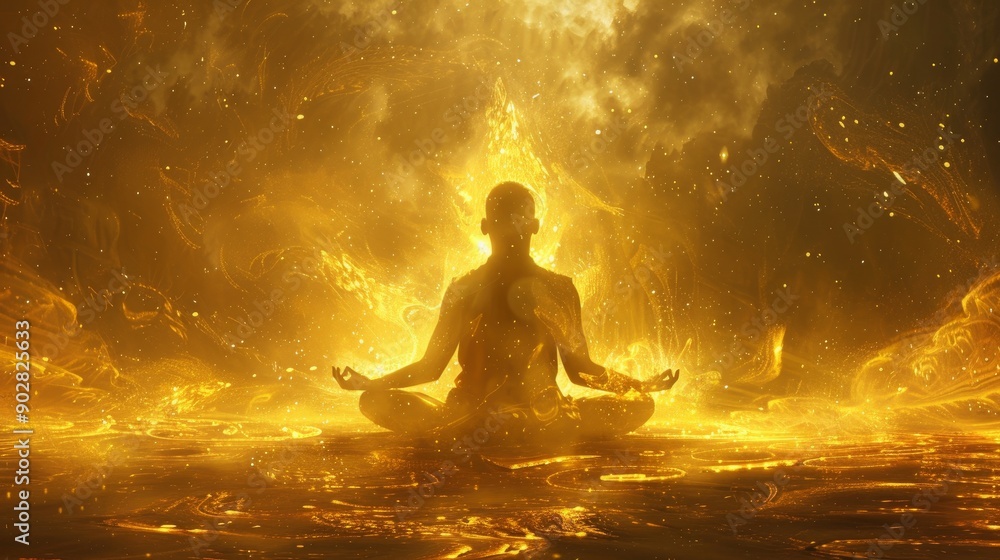 Obraz premium a golden silhouette of human meditate with golden background