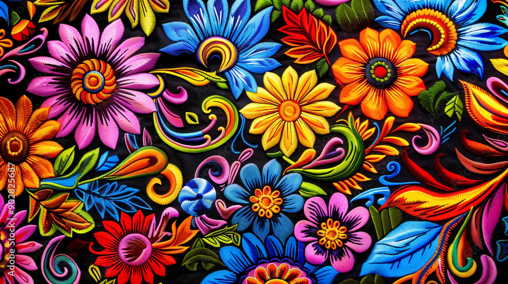 Vibrant Embroidered Flowers and Patterns on Dark Fabric Background in Traditional Andean Art, Highlighting the Colorful Peruvian Textile Embroidery. Detailed High Resolution Image Showcasing the Intri Vibrant Embroidered Flowers and Patterns on Dark Fabric Background in Traditional Andean Art, Highlighting the Colorful Peruvian Textile Embroidery. Detailed High Resolution Image Showcasing the Intri