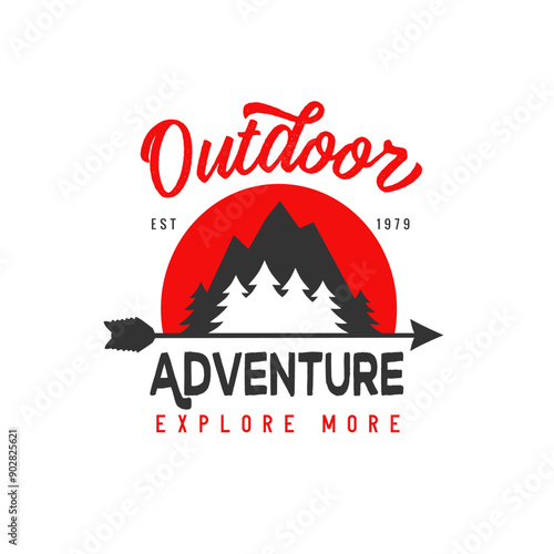 Outdoor adventure, mountain with pine trees on sunrise, camp logo. Concept for travel company emblem or t-shirt design. Vector illustration