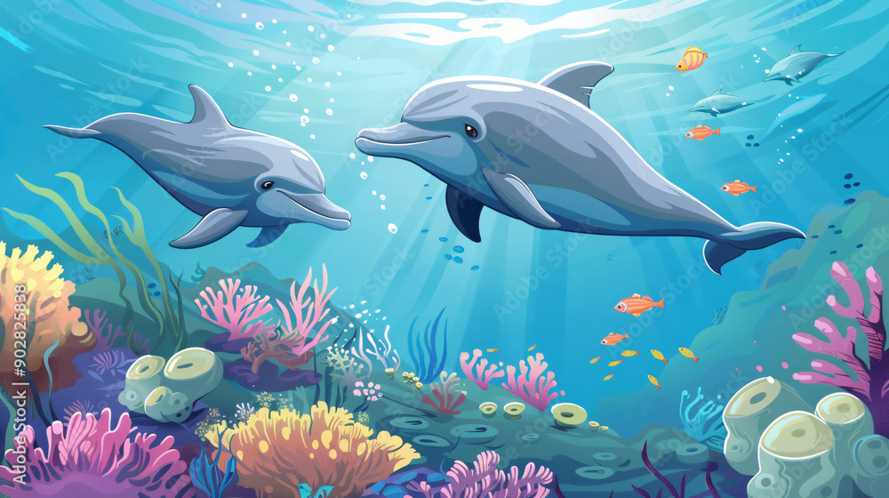 Obraz premium Peaceful scene of two dolphins swimming among colorful coral reef and seaweed in the blue ocean with small fish
