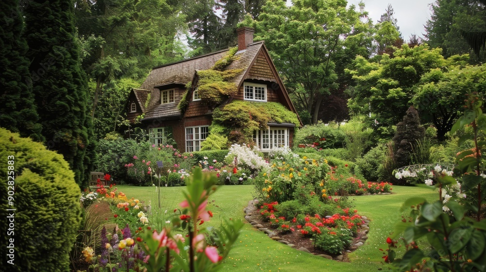 A garden house with a beautifully landscaped garden, featuring a mix of flowers, shrubs, and trees. A garden house with a beautifully landscaped garden, featuring a mix of flowers, shrubs, and trees.