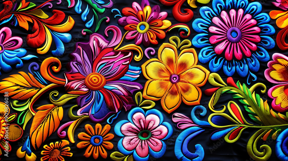 Vibrant Embroidered Flowers and Patterns on Dark Fabric Background in Traditional Andean Art, Highlighting the Colorful Peruvian Textile Embroidery. Detailed High Resolution Image Showcasing the Intri Vibrant Embroidered Flowers and Patterns on Dark Fabric Background in Traditional Andean Art, Highlighting the Colorful Peruvian Textile Embroidery. Detailed High Resolution Image Showcasing the Intri