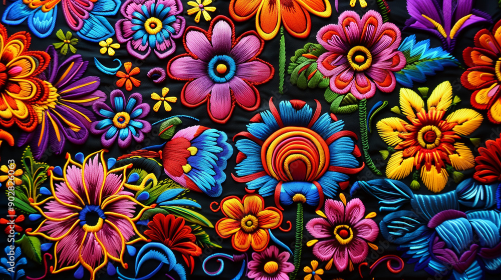 Vibrant Embroidered Flowers and Patterns on Dark Fabric Background in Traditional Andean Art, Highlighting the Colorful Peruvian Textile Embroidery. Detailed High Resolution Image Showcasing the Intri Vibrant Embroidered Flowers and Patterns on Dark Fabric Background in Traditional Andean Art, Highlighting the Colorful Peruvian Textile Embroidery. Detailed High Resolution Image Showcasing the Intri