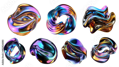 Bold holographic liquid metal shapes set isolated. Iridescent wavy melted substance