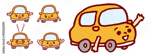 黄色で小さくかわいく丸っこい自動車のキャラ素材