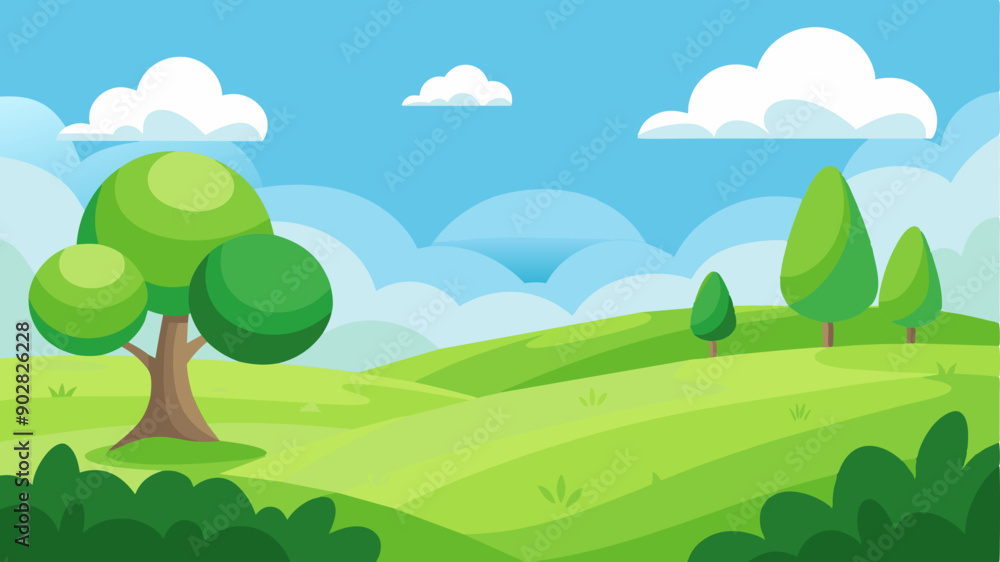Scenic cartoon landscape with lush green trees and grass. Scenic cartoon landscape with lush green trees and grass.
