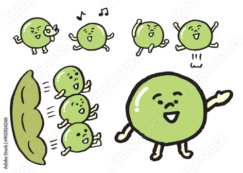 つるんと緑色に光る丸くかわいい豆のキャラ素材