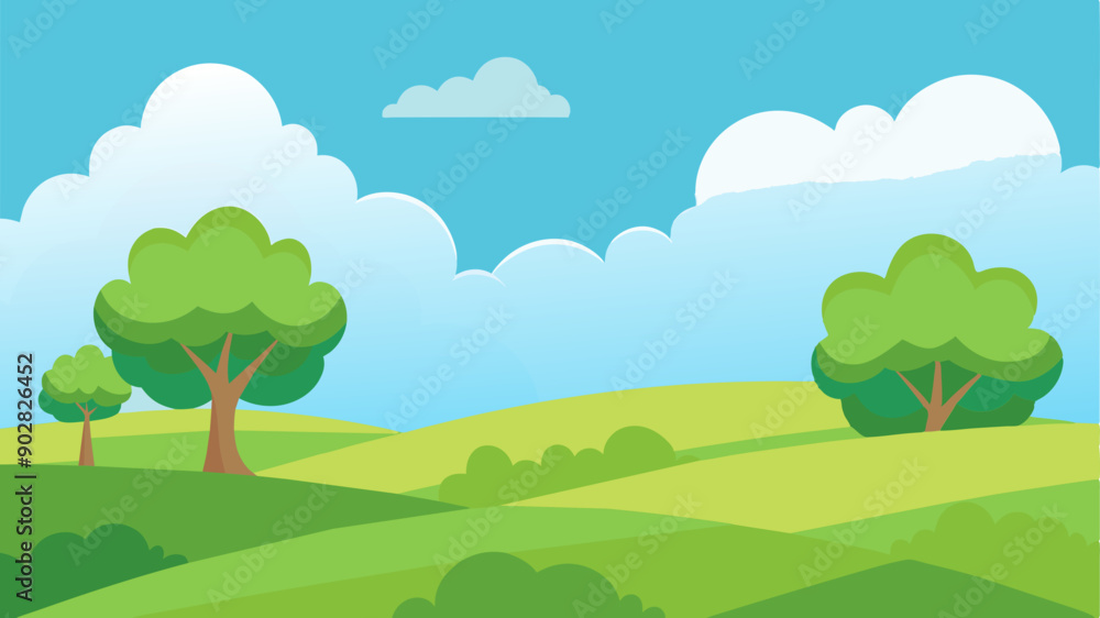 Scenic cartoon landscape with lush green trees and grass. Scenic cartoon landscape with lush green trees and grass.
