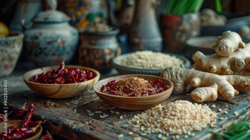 Yam red dates ginger brown rice and grains spices in the bowls Yam red dates ginger brown rice and grains spices in the bowls