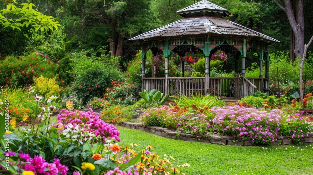 A garden house with a charming gazebo in the garden, surrounded by colorful flowers. A garden house with a charming gazebo in the garden, surrounded by colorful flowers.
