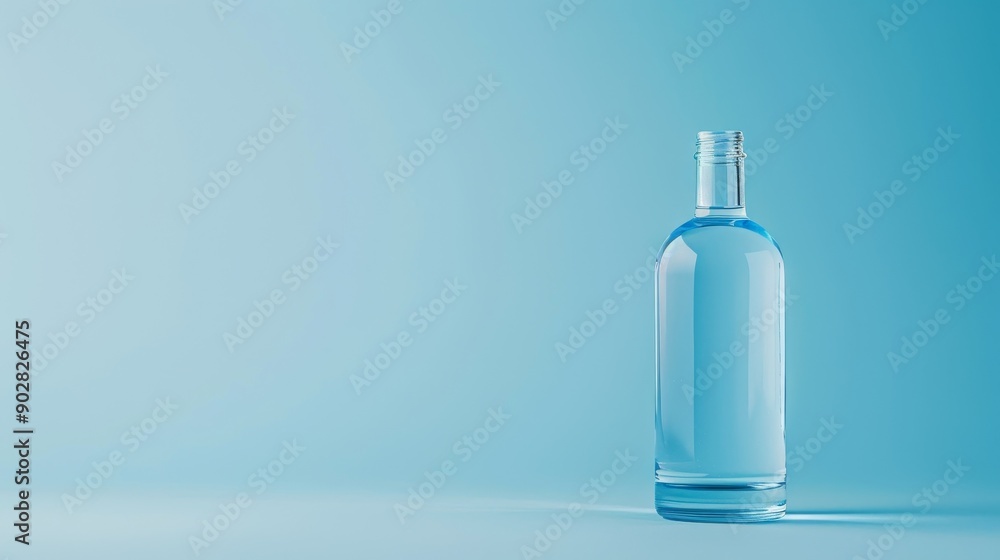 Clear glass bottle with water on light blue background for clean hydration and minimalist design concept with copy space Clear glass bottle with water on light blue background for clean hydration and minimalist design concept with copy space