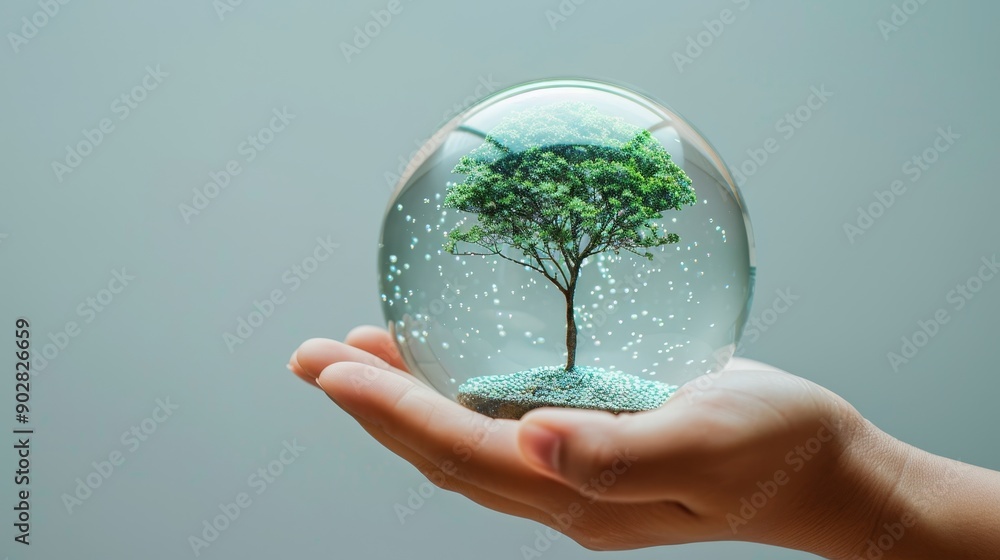 Hand holding tree in clear glass sphere for sustainable development and environmental conservation concept Hand holding tree in clear glass sphere for sustainable development and environmental conservation concept