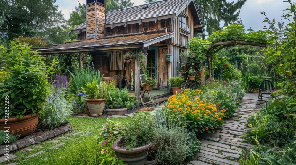 Fototapeta premium A garden house with a lush herb garden, showcasing a variety of culinary herbs.
