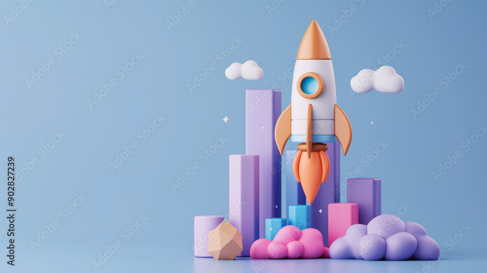 Colorful 3d rocket launching from abstract geometric landscape surrounded by clouds. Colorful 3d rocket launching from abstract geometric landscape surrounded by clouds.