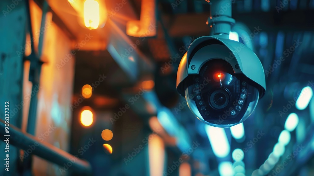 High-Tech Security Camera in Surveillance Setting with Blurred Background High-Tech Security Camera in Surveillance Setting with Blurred Background