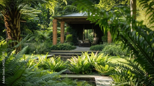 Fototapeta Naklejka Na Ścianę i Meble -  A garden house with a lush fern garden, creating a tranquil and shaded retreat.
