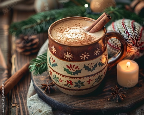 Festive Holiday Coffee Mug with Cinnamon Stick on Rustic Wooden Table