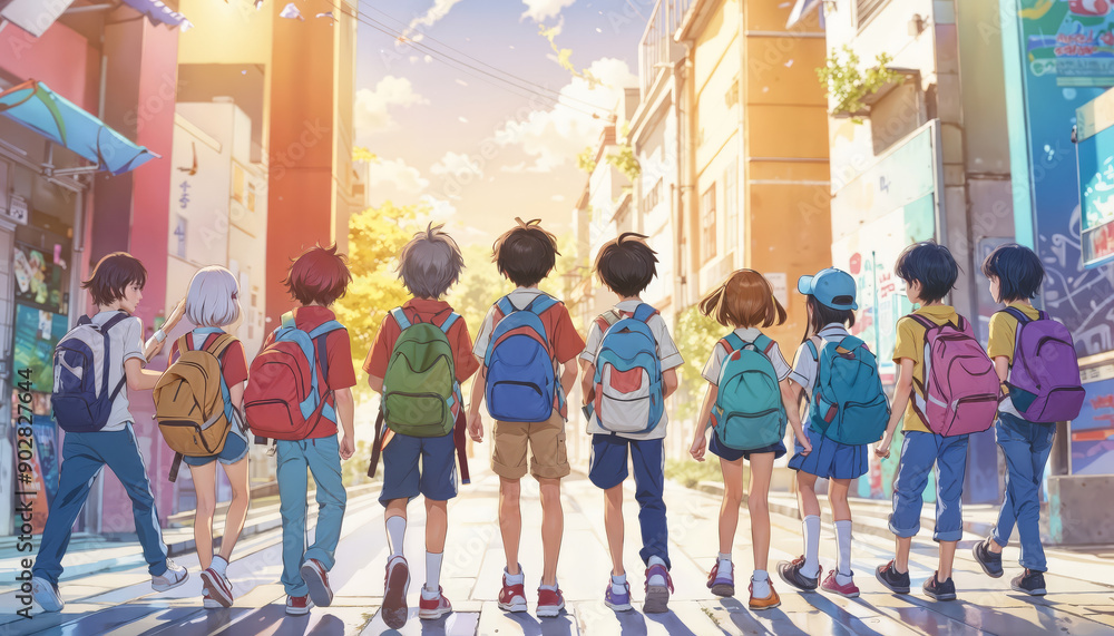Obraz premium A group of children with backpacks going to school