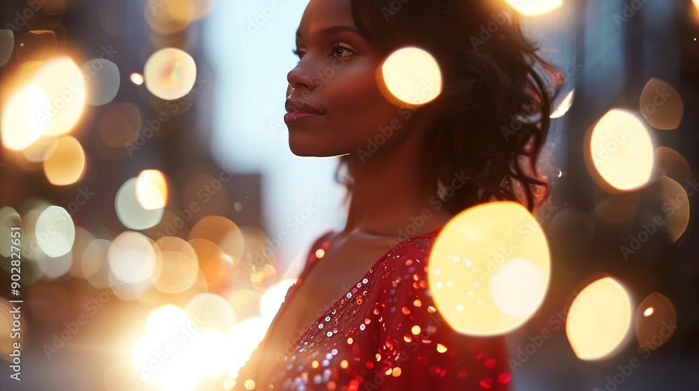 Elegance in the City: Stunning Model in Shimmering Evening Gown under Urban Lights Elegance in the City: Stunning Model in Shimmering Evening Gown under Urban Lights