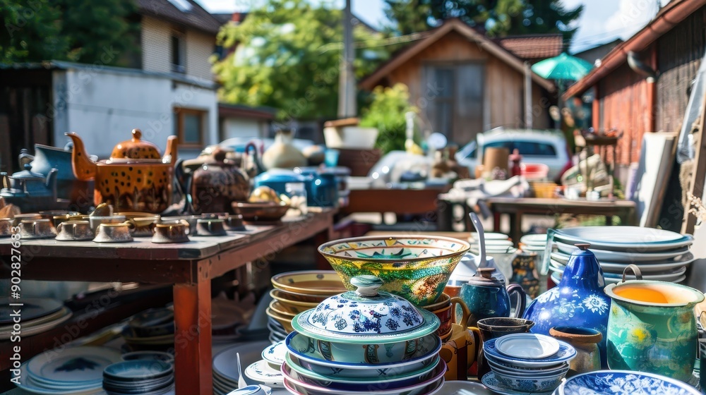 A table full of pottery and dishes. The table is outdoors and has a rustic feel to it A table full of pottery and dishes. The table is outdoors and has a rustic feel to it