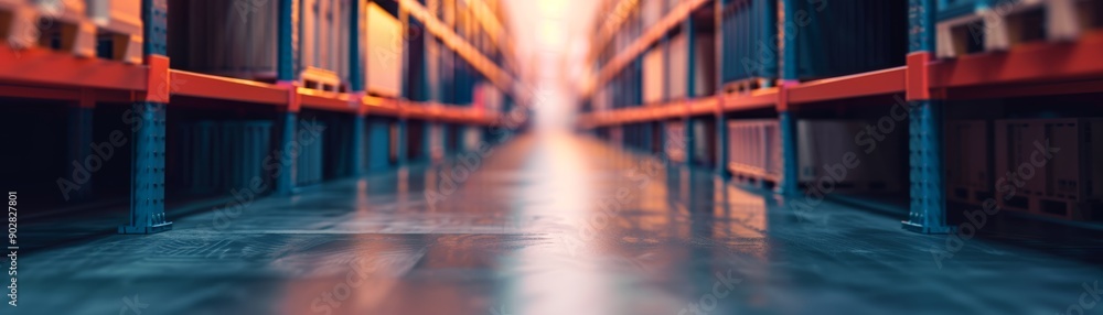 A perspective view of a modern warehouse aisle with metal shelves filled with neatly organized containers, under soft ambient lighting. A perspective view of a modern warehouse aisle with metal shelves filled with neatly organized containers, under soft ambient lighting.