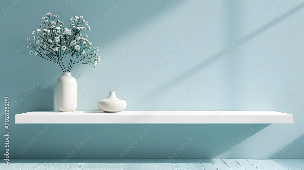 Clean White Table Against Light Blue Background for Beauty Product Presentation Clean White Table Against Light Blue Background for Beauty Product Presentation
