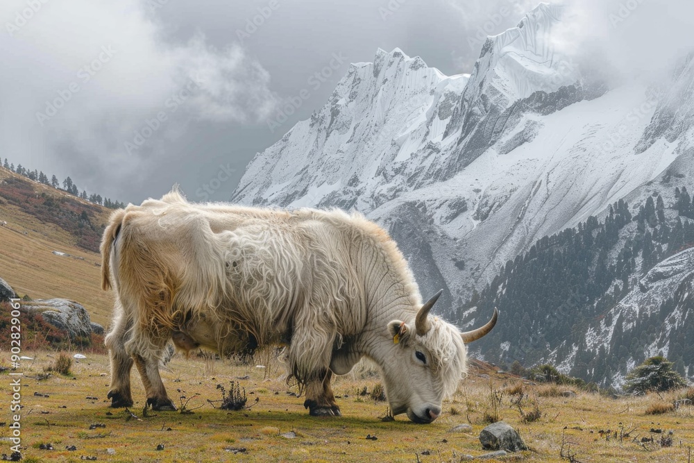 Fototapeta premium Majestic Yak Grazing in Snowy Mountain Enclosure, Showcasing Cold Climate Adaptation
