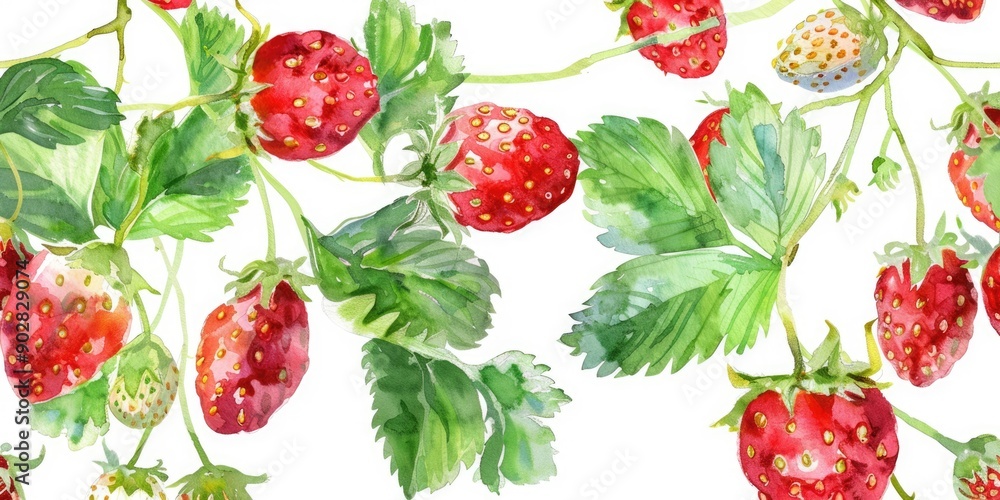 Watercolor Illustration of Fresh Wild Strawberries and Blooming Flowers in Natural Setting Watercolor Illustration of Fresh Wild Strawberries and Blooming Flowers in Natural Setting
