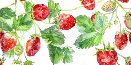 Watercolor Illustration of Fresh Wild Strawberries and Blooming Flowers in Natural Setting