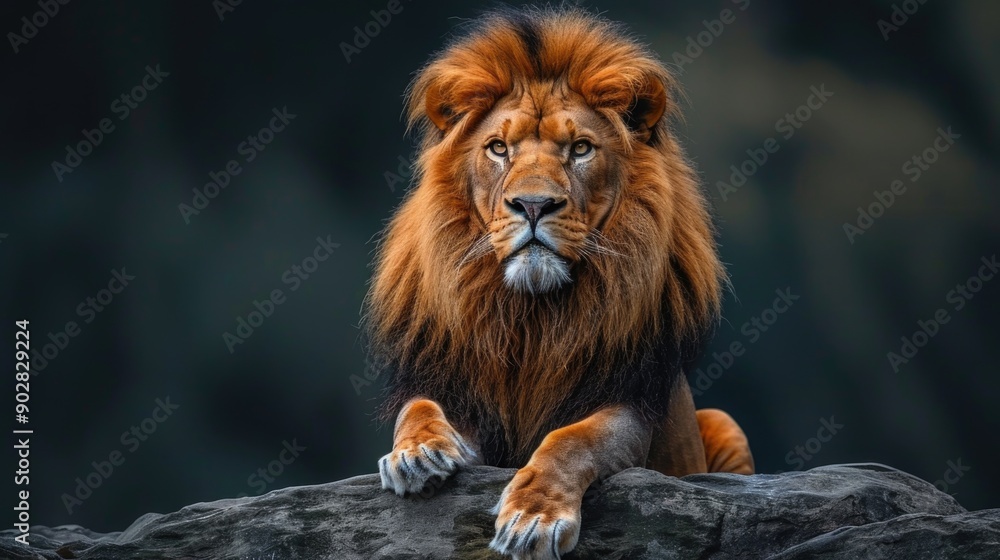 Obraz premium Majestic Lion Resting on Rock with Piercing Eyes and Lush Mane in Close-up View