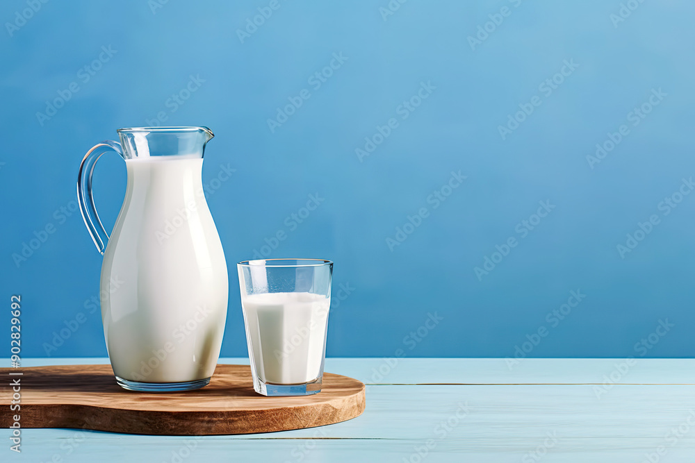 Glass jar of milk over blue background with copy space Glass jar of milk over blue background with copy space