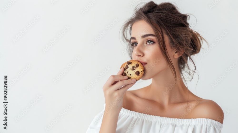 Woman eating chocolate chip cookie Woman eating chocolate chip cookie