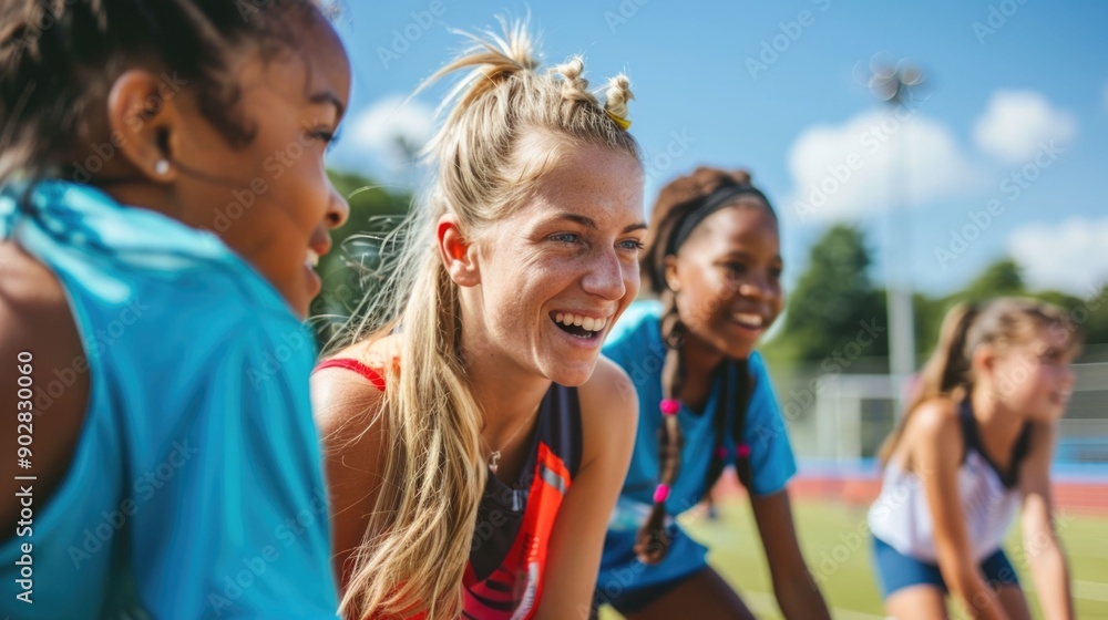 Woman Coaching Junior Athletes in Track and Field Event in Outdoor Setting with Clear Sky and Grassy Field Woman Coaching Junior Athletes in Track and Field Event in Outdoor Setting with Clear Sky and Grassy Field