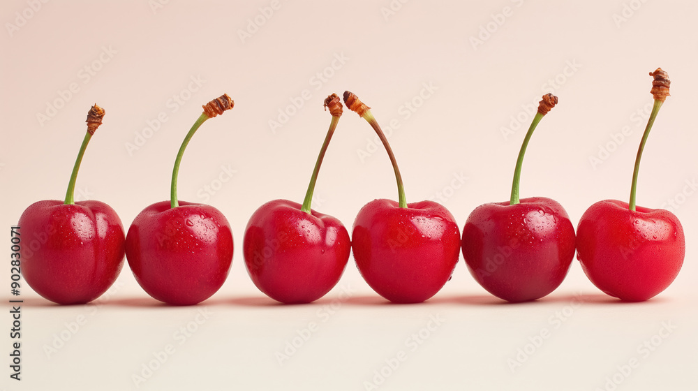 Six red cherries with stems lined up on a soft pink background, showcasing their glossy, fresh appearance. Six red cherries with stems lined up on a soft pink background, showcasing their glossy, fresh appearance.
