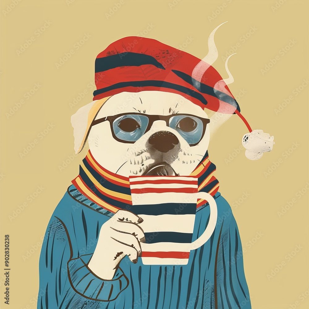 Φωτογραφία illustration of a dog with beret, glasses and striped shirt drinking a hot drin