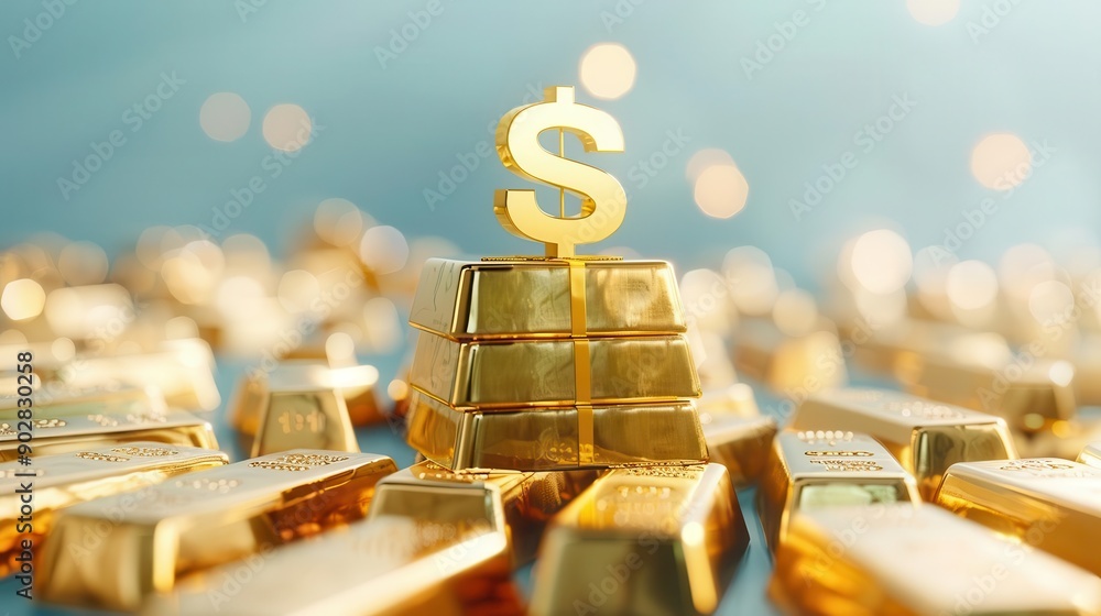 Golden dollar sign standing on top of a stack of gold bars. Golden dollar sign standing on top of a stack of gold bars.