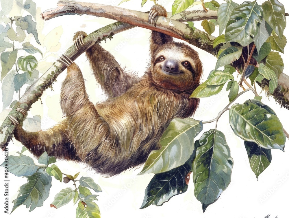 Fototapeta premium Peaceful Sloth Hanging from Branch, Exemplifying a Slow and Relaxed Lifestyle
